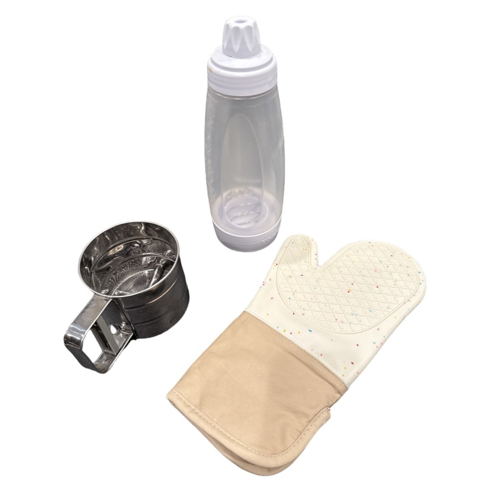 Bundle: Whiskware Pancake/muffin mix container, flour sifter and silicone mitt